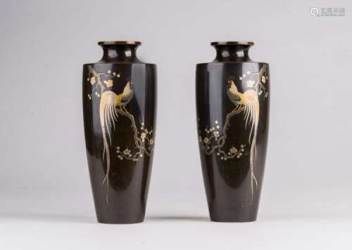 Japanese Art A pair of inlaid bronze vases decorated with a rooster on blossoming branches. Signed Japan, 19th century
