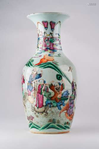 Chinese Art A baluster famille rose porcelein vase painted with characters in landscape and auspicious simbols. China, Qing Dinasty, 19th century