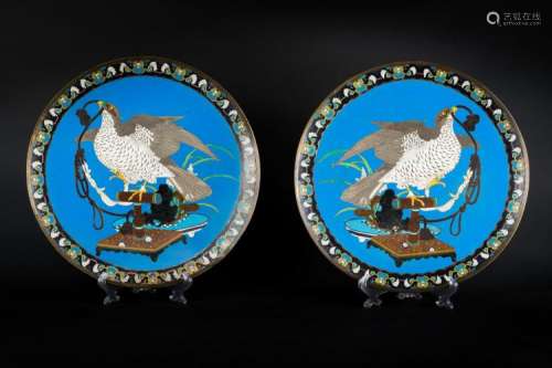 Japanese Art A pair of large cloisonnÃ¨ dishes decorated with hawks over blue ground Japan, 19th century