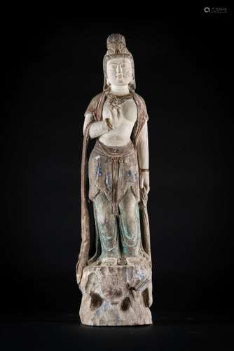 Chinese Art A wooden polychrome sculpture of standing Guanyin China, 19th century