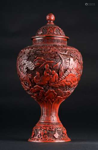 Chinese Art A red lacquered vase and cover carved with characters in landscape China, Qing dynasty, 19th century