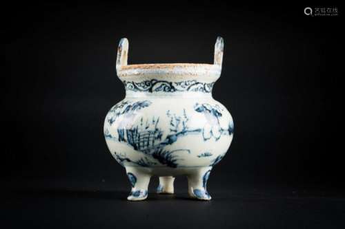 Chinese Art A blue and white pottery tripod censer painted with characters in landscape China, Ming dyansty