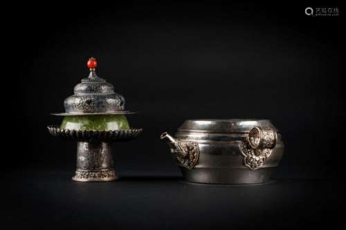 Himalayan Art A jade cup and silver teapot Tibet, 19th-20th century