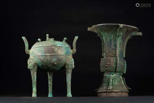 Chinese Art Two arcaic style ritual bronze vessels: a food tripode container and cover and gu shaped wine vessel China, 20th century