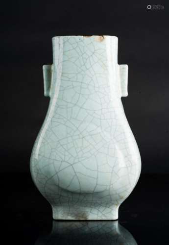 Chinese Art A fang hu archaic shaped faceted guan glazed vase bearing a Qianlong six character seal mark at the base and of the period