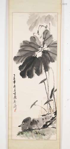 Chinese Art An ink on paper vertical scroll depicting a lotus flowers and a duck. Signed Liang.