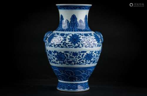 Chinese Art A blue and white vase painted with lotus flowers, sprays and waves China, 20th century