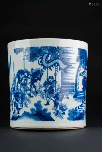 Chinese Art A blue and white porcelain brush holder (bitong) painted with characters in landscape China, 20th century