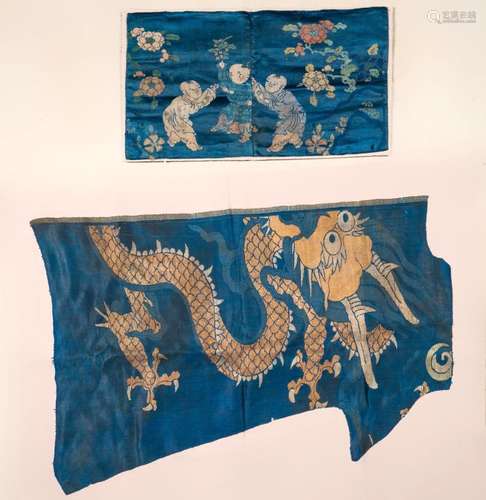 Chinese Art Two blue silk fragments: one embroidered with dragons and the other with the 