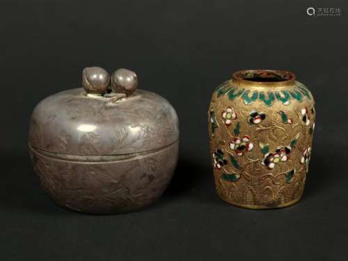 Chinese Art An apple shaped silver box and a small bronze cloisonnÃ© meiping China, 19th century