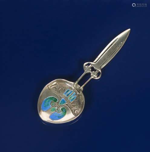 A Liberty & Co Cymric silver and enamel Coronation spoon designed by Archibald Knox