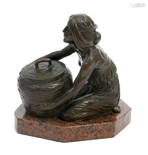 A large patinated bronze inkwell cast from a model by Gustav Gurschner