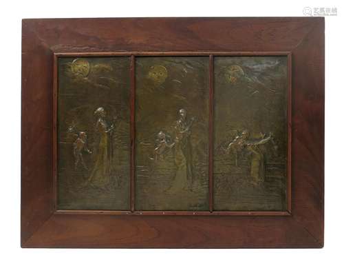 Joseph (Gustave) Cheret (1838-1894) Idylle three patinated bronze panels