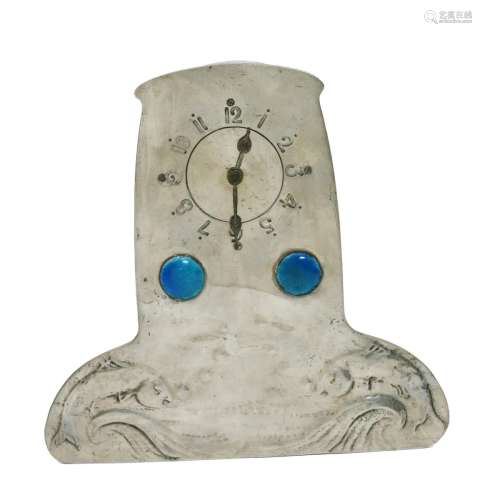 A Liberty & Co pewter and enamel mantel clock