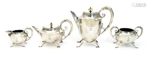 λ A rare Elkington & Co electroplated four piece tea and coffee set probably designed by Dr Christopher Dresser