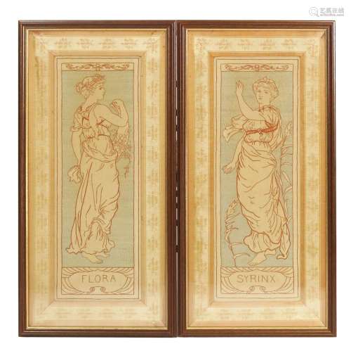 Syrinx and Flora a pair of silk embroidered panels in the manner of Lewis F Day