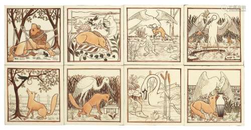 A set of eight Minton Hollins and Co dust pressed Aesops Fables tiles designed by Clemont Heaton
