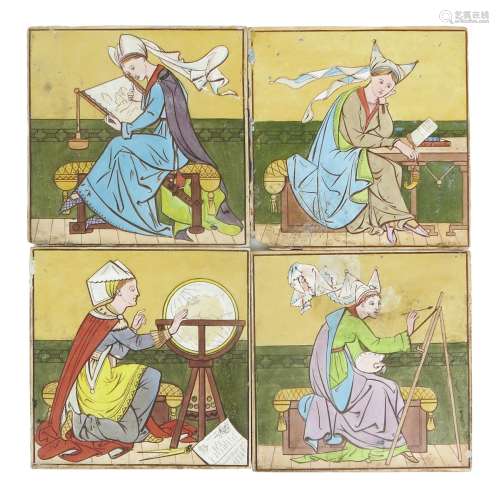 A set of four Copeland Medieval Maidens tiles the design attributed to Henry Stacy Marks