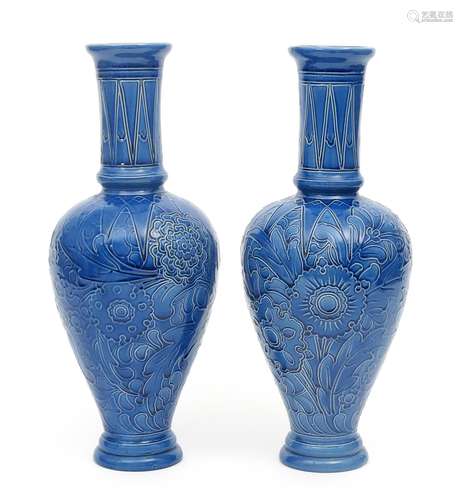 A Pair of Burmantofts Faience Partie-Colour vases by Joseph Walmsley