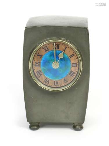 A Liberty & Co Tudric pewter and enamel mantel clock