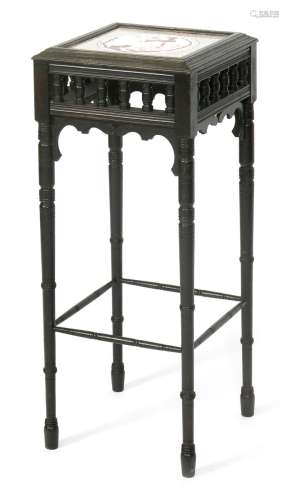 An Aesthetic Movement ebonised wood tile-topped plant stand in the manner of Bruce Talbert