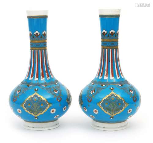 A Pair of Minton's porcelain Cloisonne bottles in the manner of Dr Christopher Dresser