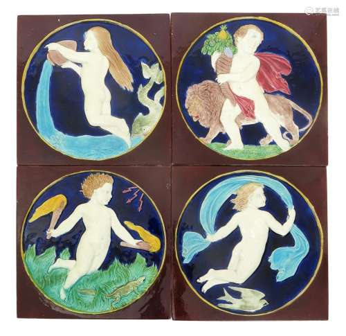 The Elements four Copeland pottery Majolica tiles