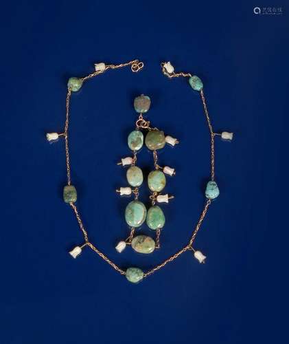 A Liberty & Co gold turquoise and mother of pearl necklace