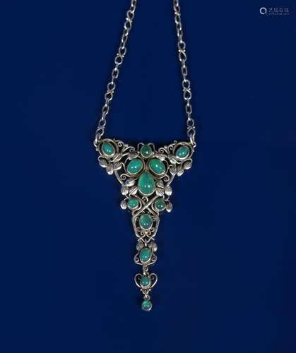 A silver and chrysoprase pendant necklace the design attributed to Omar Ramsden