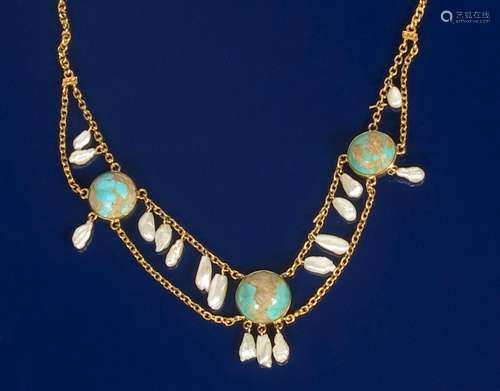 A turquoise set gold necklace the design attributed to Murrle Bennett