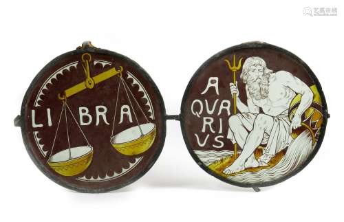 Aquarius and Libra two Aesthetic Movement stained glass round window panels