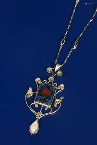 A silver and enamel pendant necklace and chain