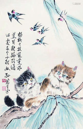 孙菊生 猫趣图 镜心 纸本