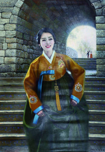 朝鲜油画《归来》 布面油画