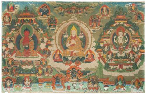 Thangka des Tsongkhapa Buddha flankiert von Amitabha und Avalokiteshvara