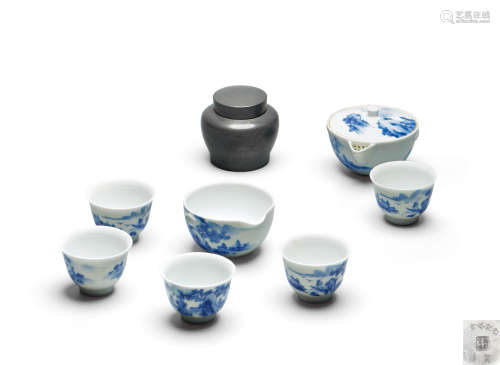 昭和初期 素纹锡制茶缶 山水纹青花瓷茶具