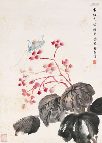 梅兰芳 1923年作 海棠蝈蝈 立轴（带框） 设色纸本