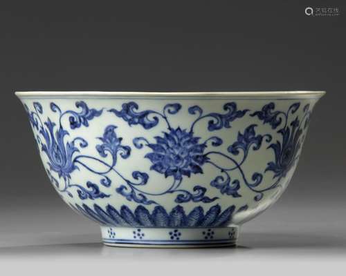 A rare Chinese blue and white 'lotus scroll' bowl