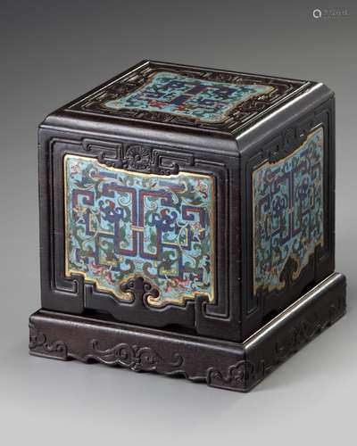 A Chinese zitan box inset with cloisonne enamel panels