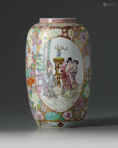 A Chinese famille rose millefleurs oval vase