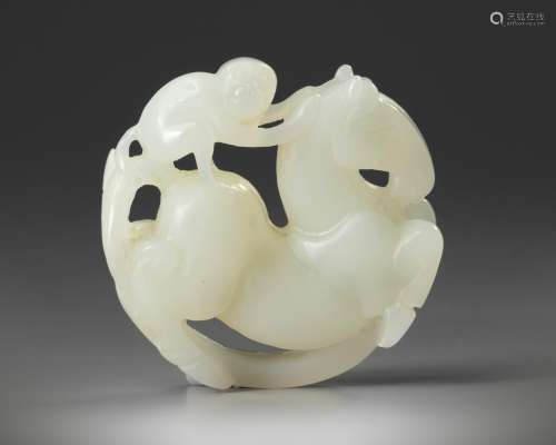 A Chinese white jade 'horse and monkey' carving