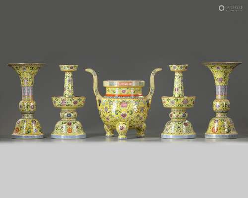 A Chinese yellow-ground famille rose altar set