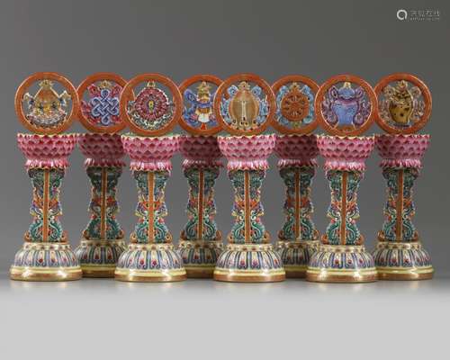 A set of eight Chinese famille rose Buddhist emblem altar ornaments