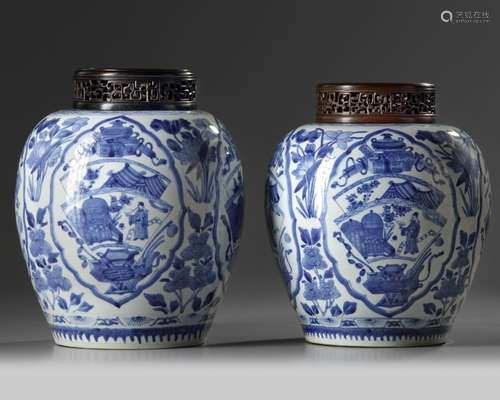 A pair of Chinese blue and white ovoid jars