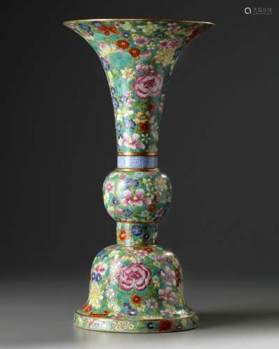 A Chinese famille rose millefleurs gu vase