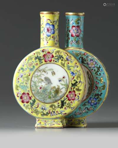 A Chinese famille rose 'quail and millet' conjoined moonflask