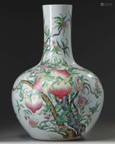 A large Chinese famille rose nine peaches' bottle vase, tianqiuping