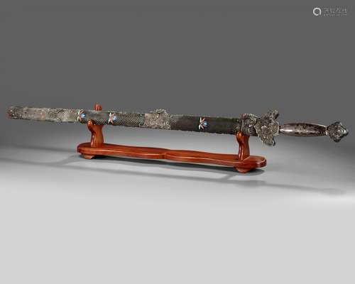 A Chinese sword with a filigree and hardstone-inlaid sheath