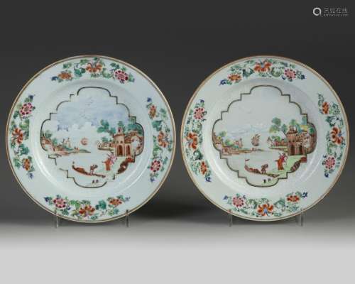 A pair of Chinese famille rose Meissen-style dishes
