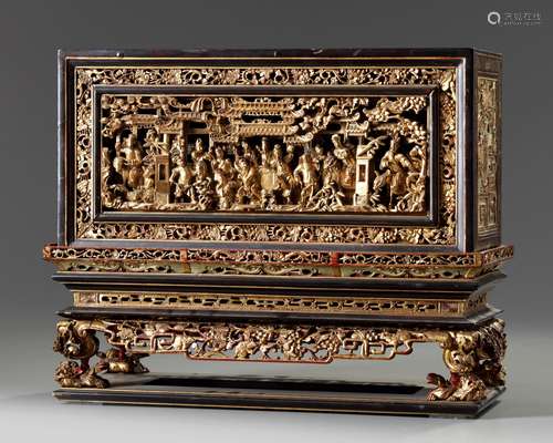 A Chinese gilt-lacquered wood altar box, cover, and stand